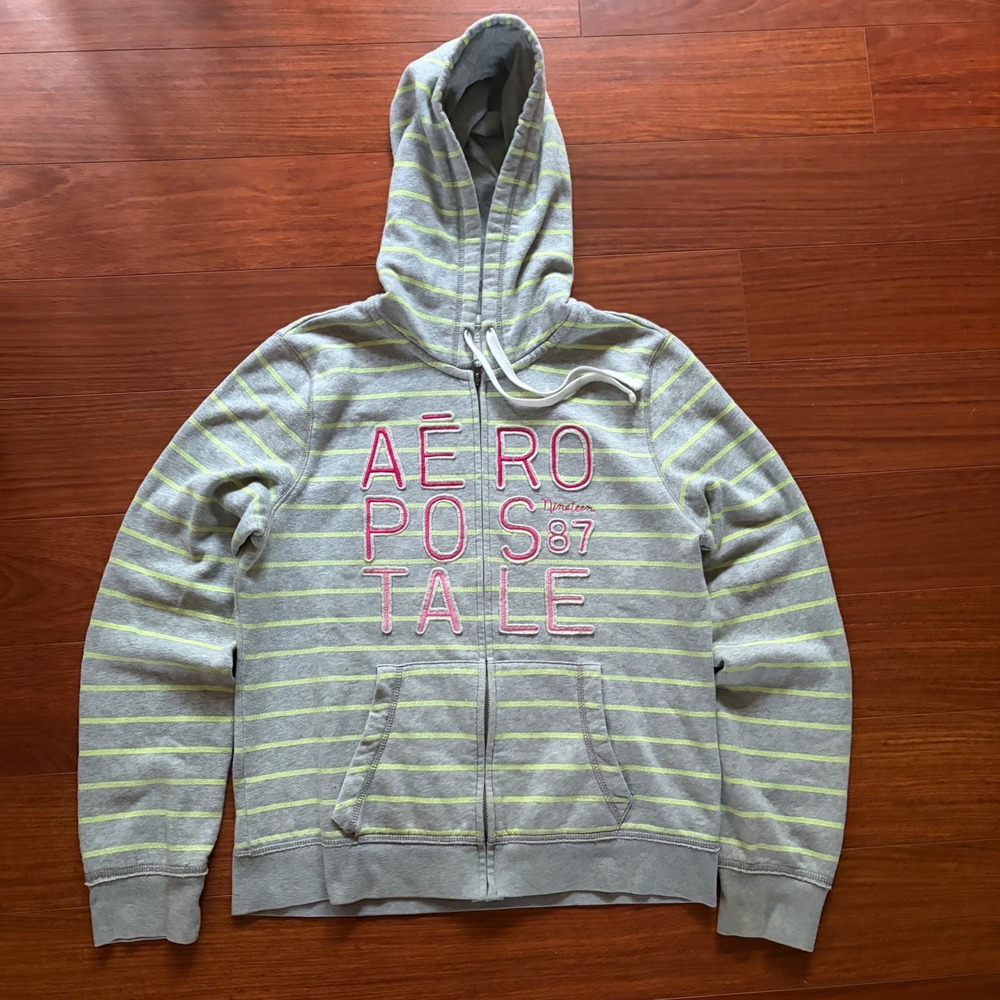 Vintage Aeropostale Womens Striped Full Zip Hoodie Medium Grey Pink Neon Yellow